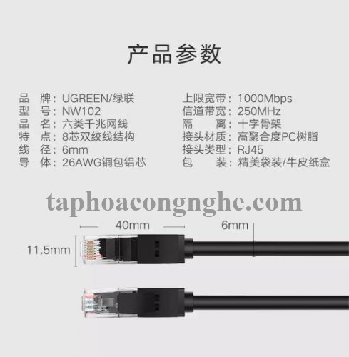 Ugreen 50180 15M màu Đen Cáp mạng LAN CAT6 dây dẹt NW102 30050180